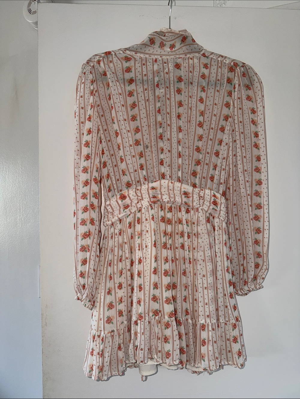 Floral Stripe Long-Sleeve Mini Dress - White with Coral Floral